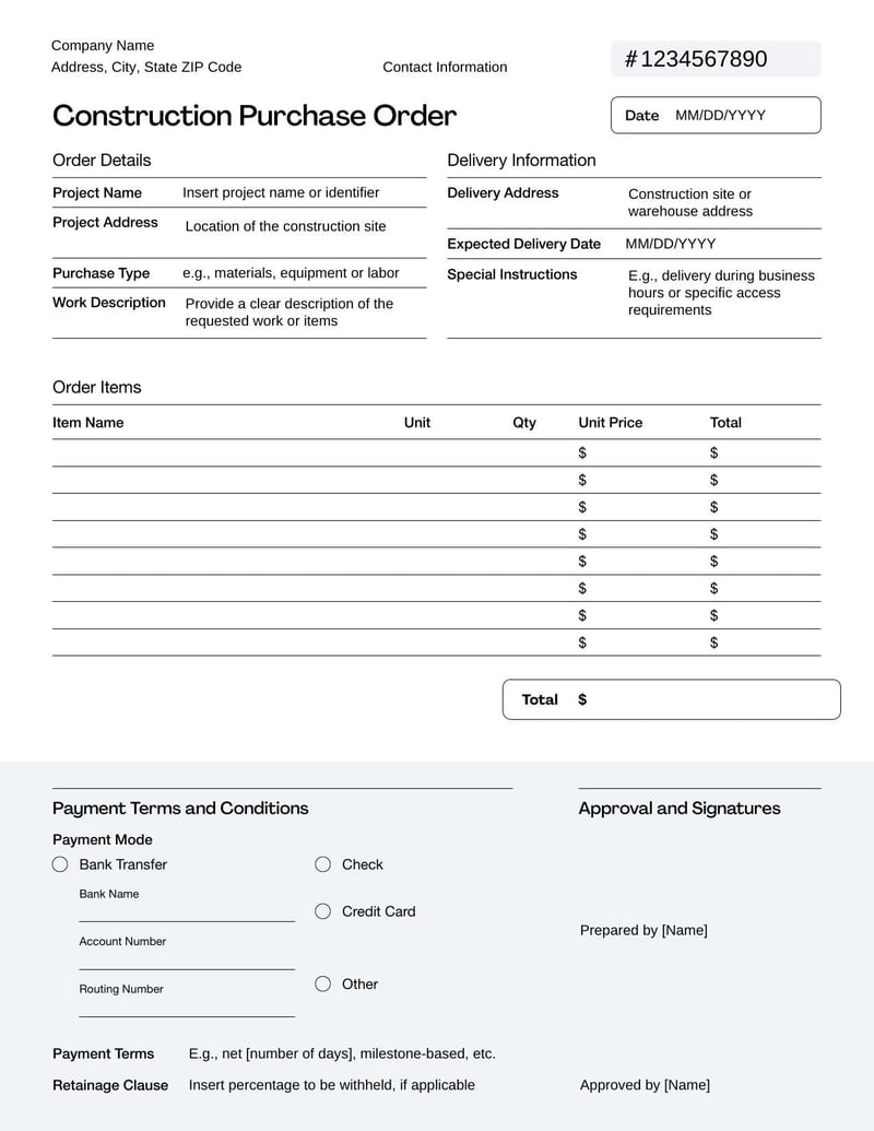 Construction Purchase Order Template for materials and services in construction