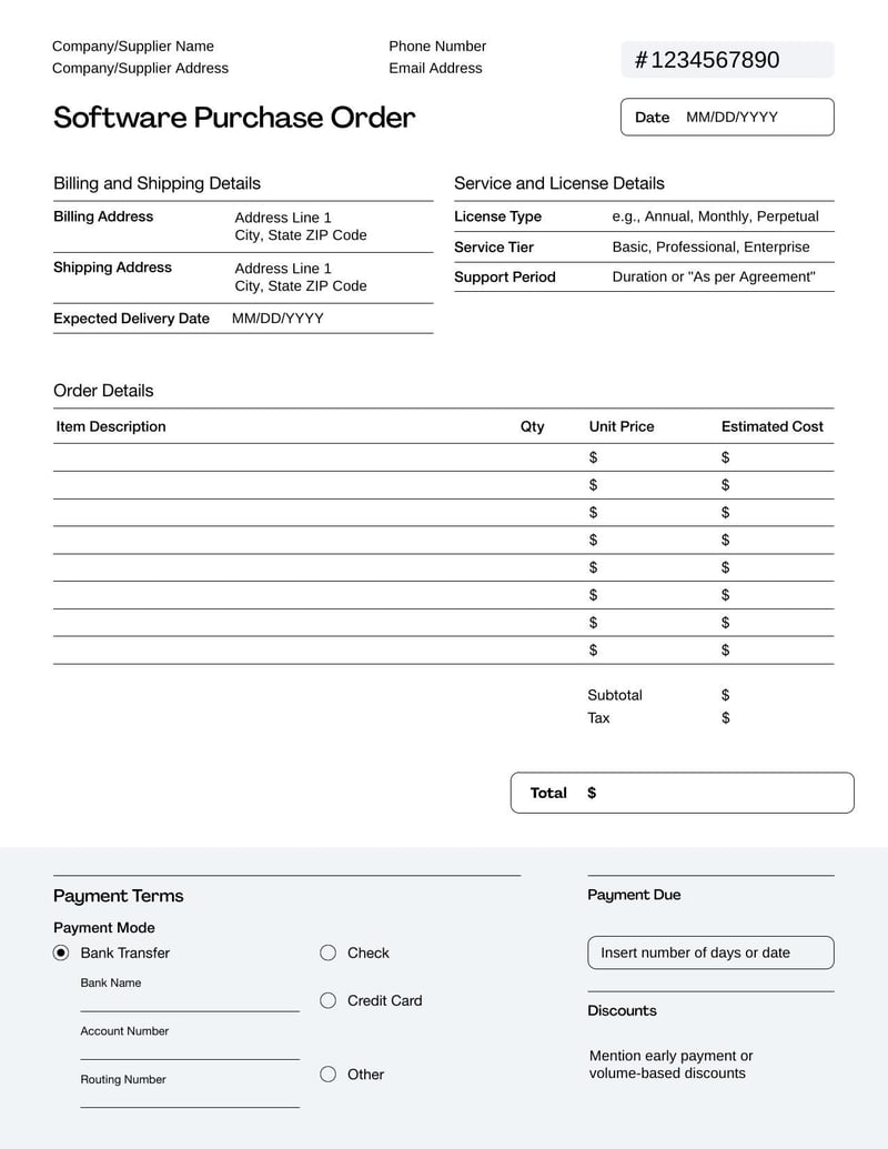 Software Purchase Order Template for acquiring software licenses or services