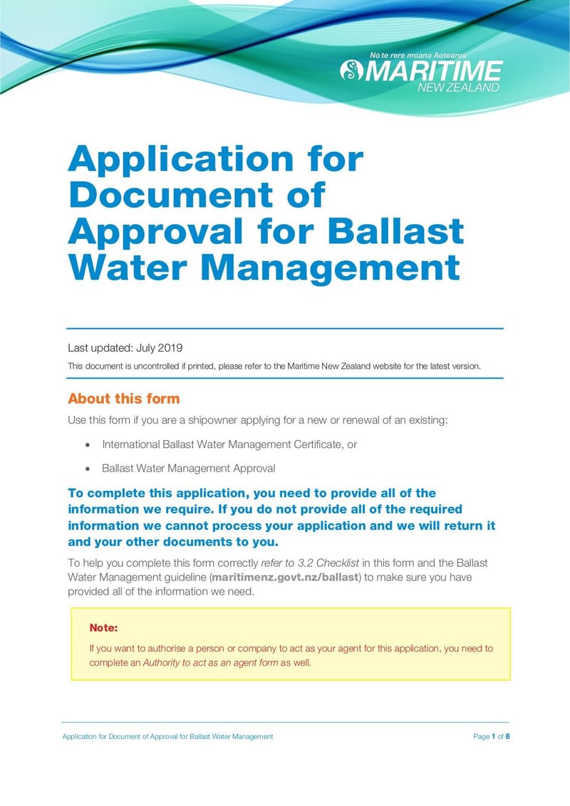 Thumbnail of Ballast Water Management Approval Form - Jul 2019 - page 0