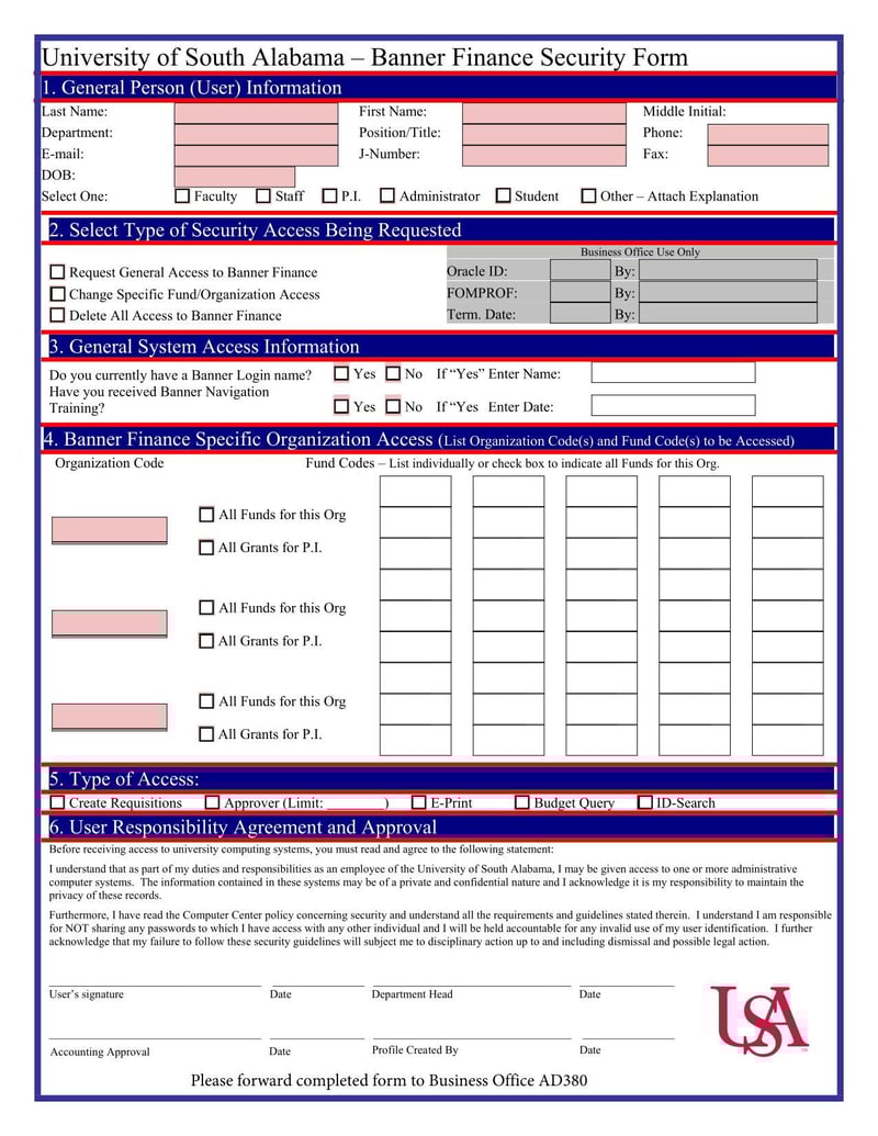 Large thumbnail of University of South Alabama - Banner Finance Security Form