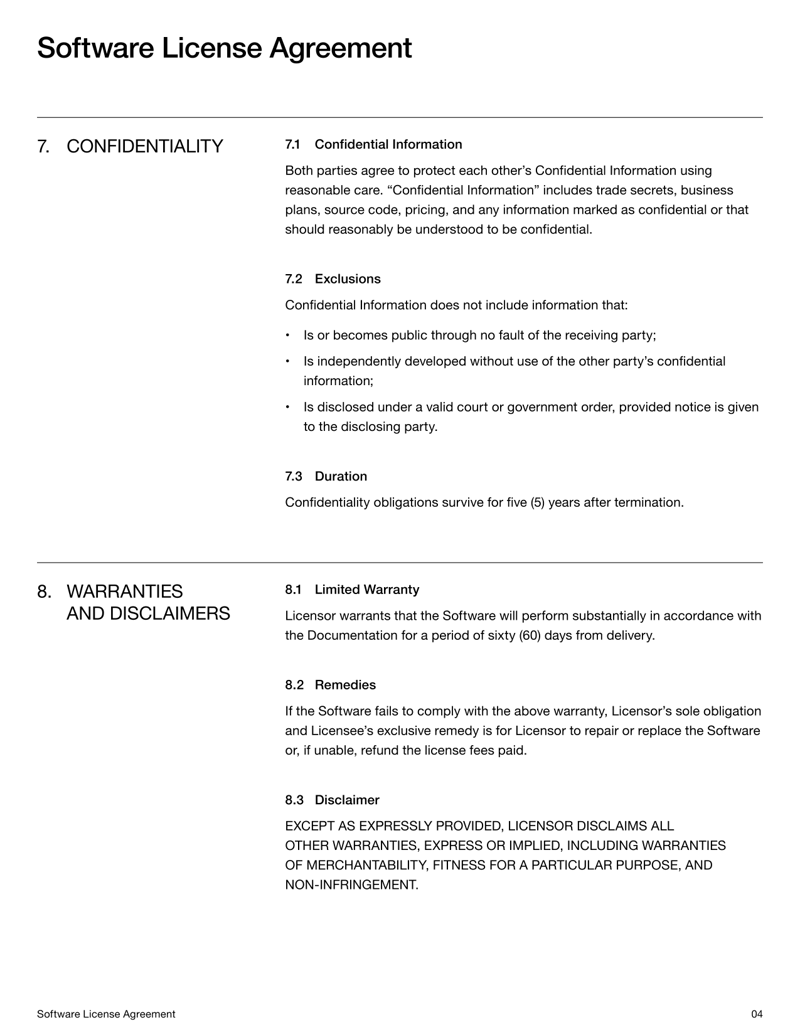 Software License Agreement for setting software usage rights between licensor and licensee