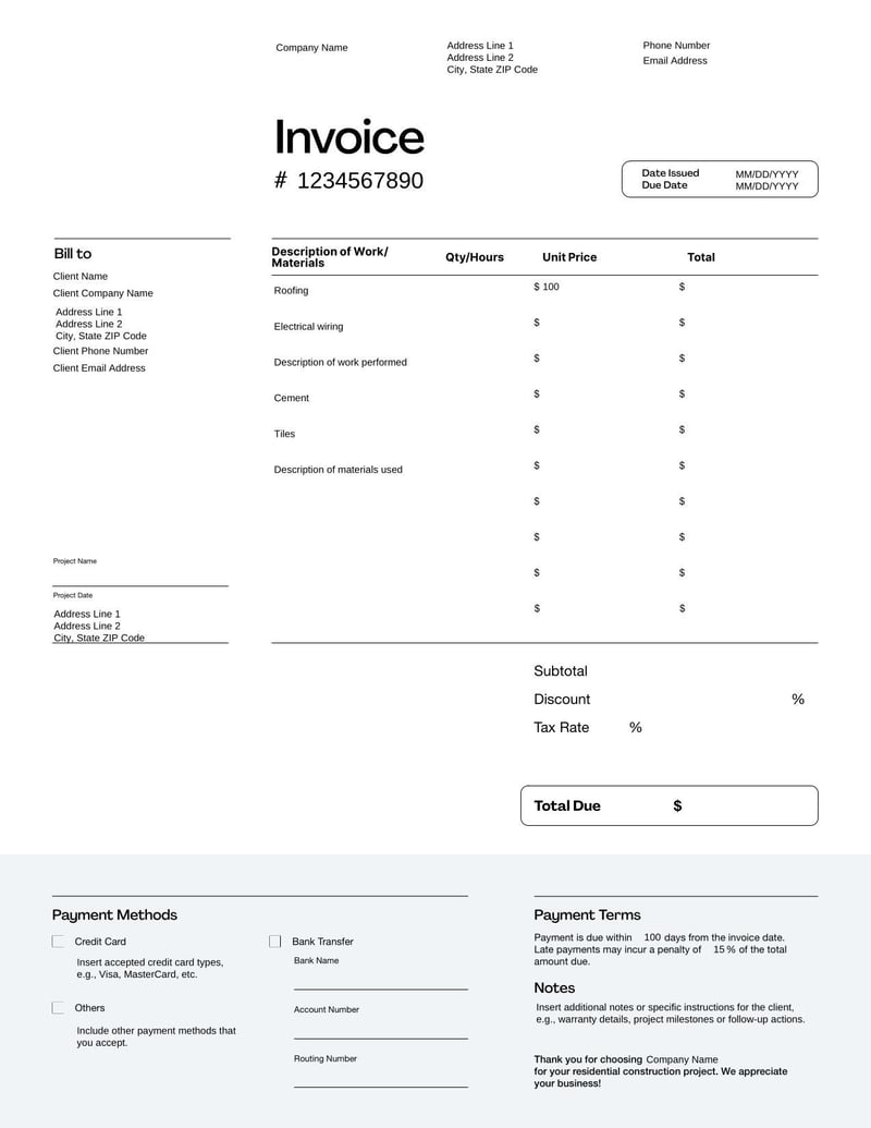 Residential Construction Invoice Template for billing clients for home construction, labor, and materials