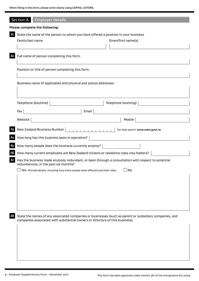 Thumbnail of INZ 1113 Employer Supplementary Form - Jun 2022 - page 1