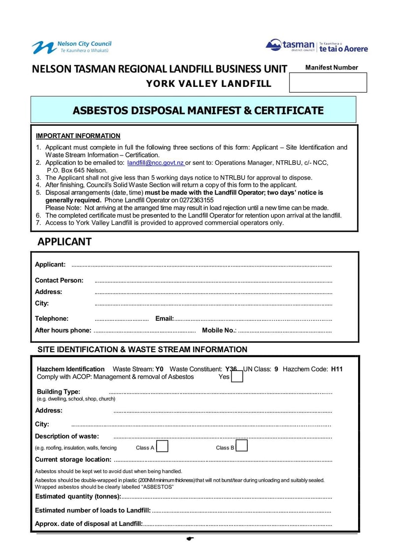 Large thumbnail of York Valley Landfill Asbestos Disposal Manifest Form - Oct 2020
