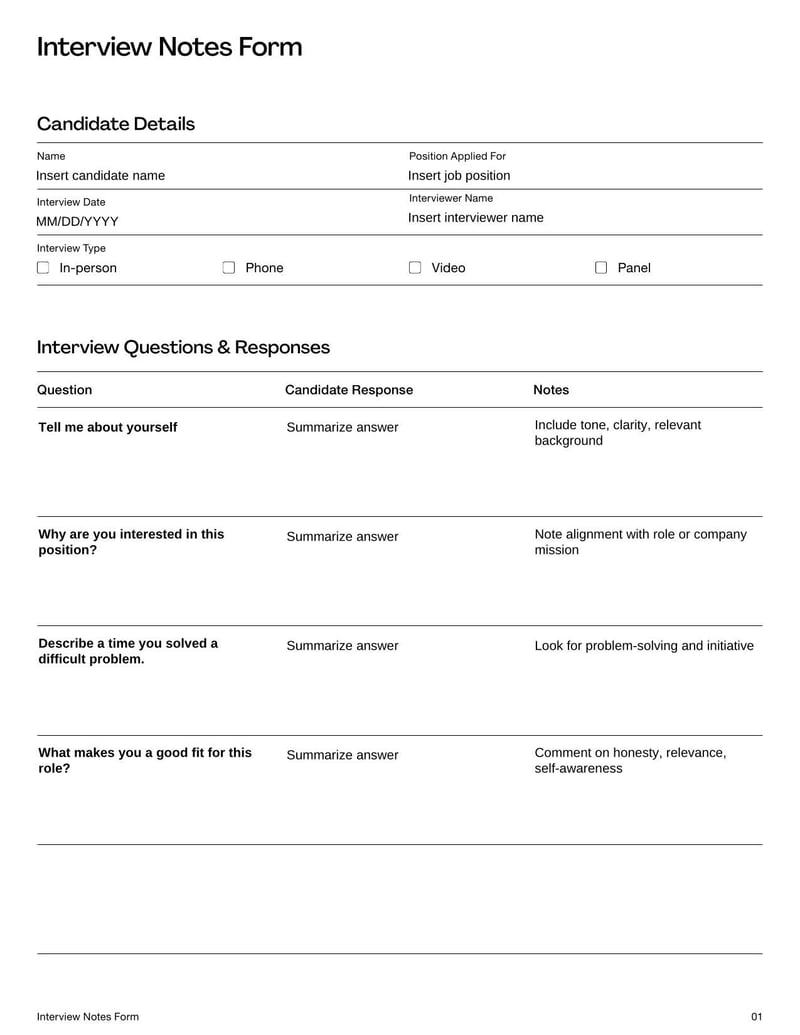 Interview Notes Form for recording candidate responses during interviews