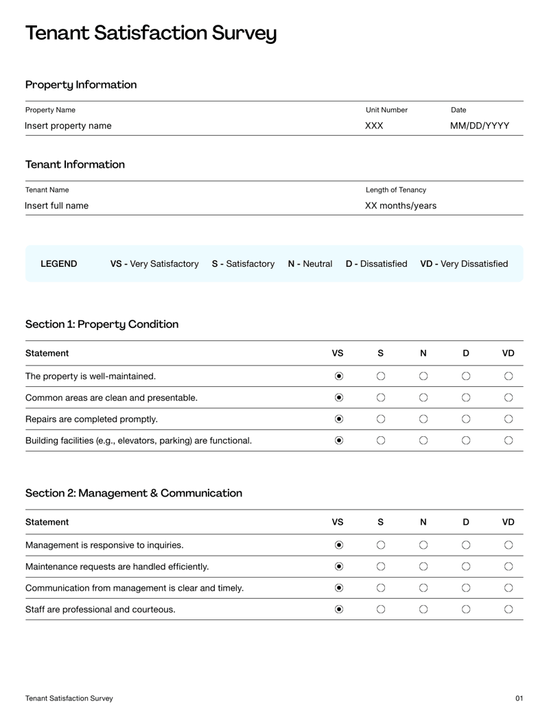 Tenant Satisfaction Survey form with sections for property condition, management, amenities and open feedback