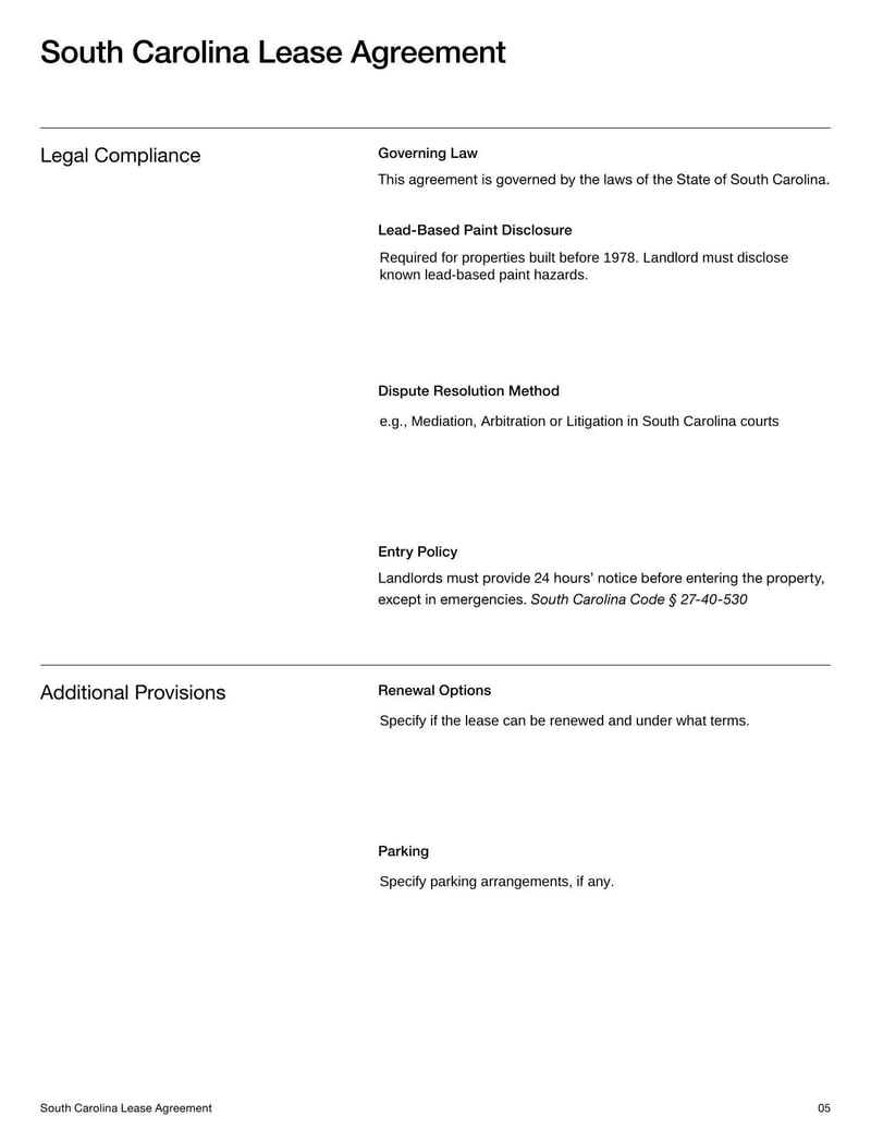 Large thumbnail of South Carolina Lease Agreement Template