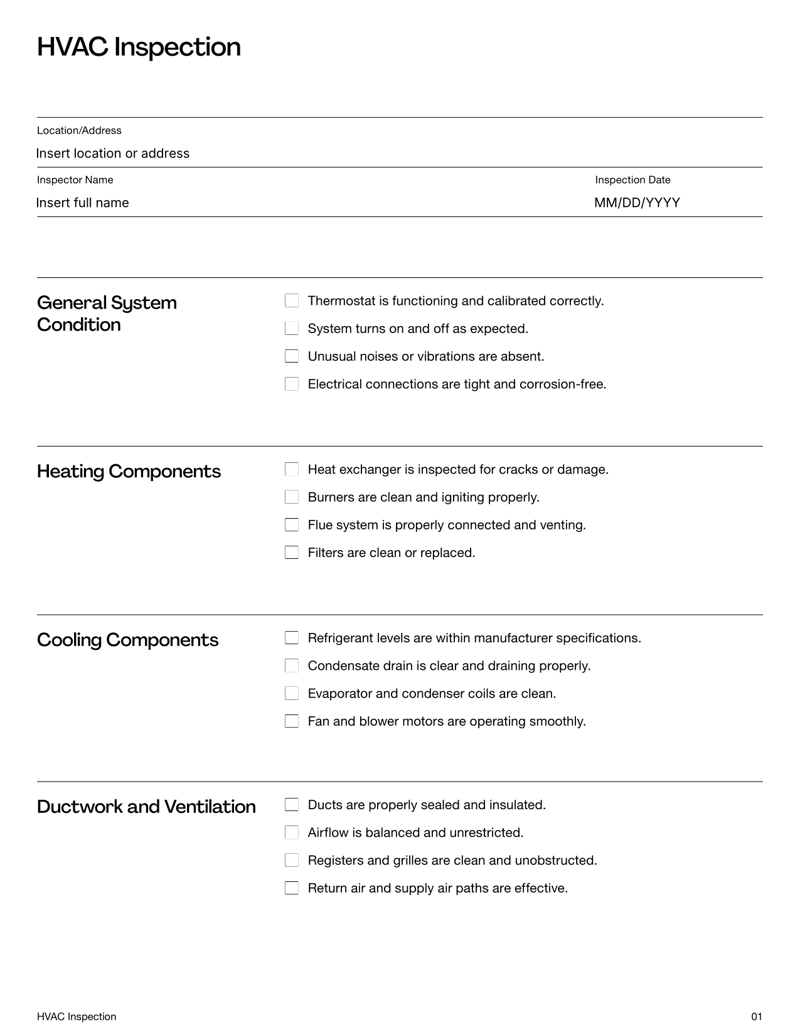 HVAC Inspection Checklist for system performance, filters, ductwork and safety compliance