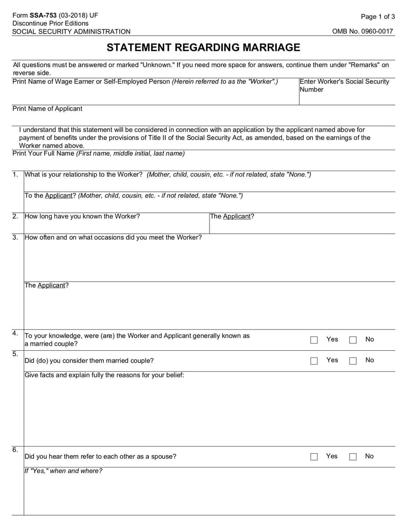 Large thumbnail of Statement Regarding Marriage (Form SSA-753) - Mar 2020