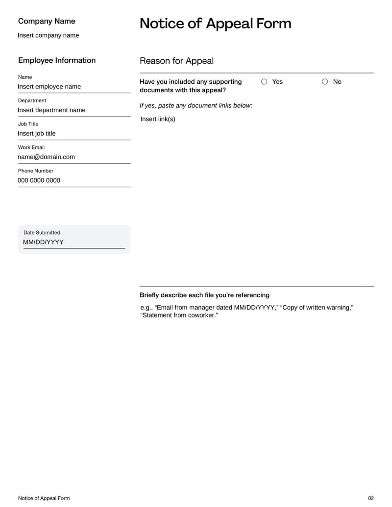 Notice of Appeal Form for contesting a legal or administrative decision