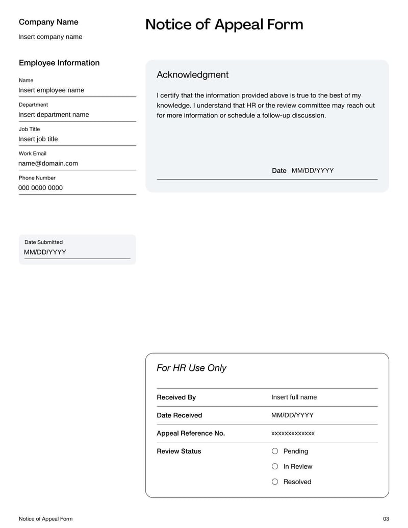 Notice of Appeal Form for contesting a legal or administrative decision