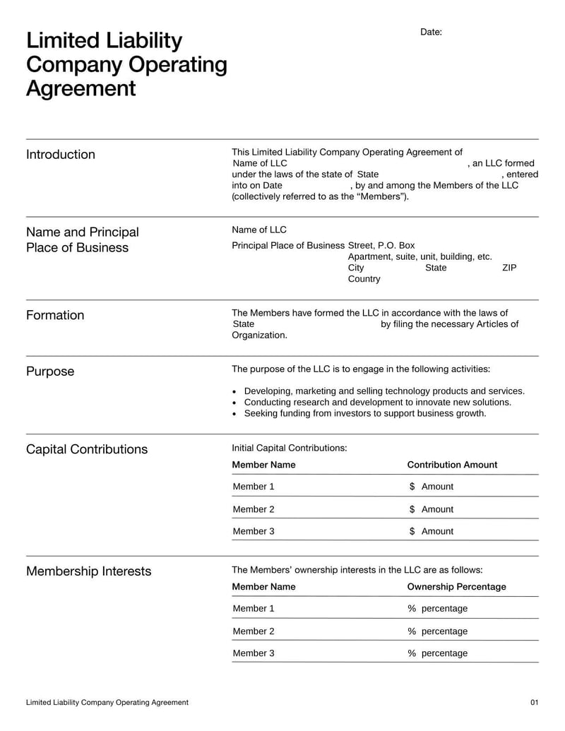 Startup LLC Operating Agreement Template detailing ownership and operational guidelines for a startup LLC