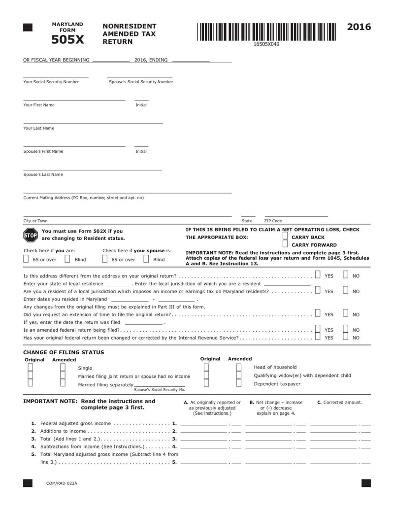 Large thumbnail of Maryland Form 505X - Sep 2017