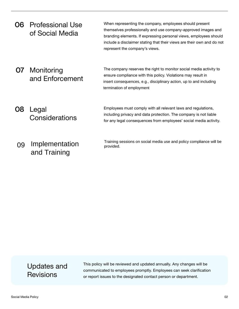 Social Media Policy Document establishing guidelines for employees’ online conduct related to work