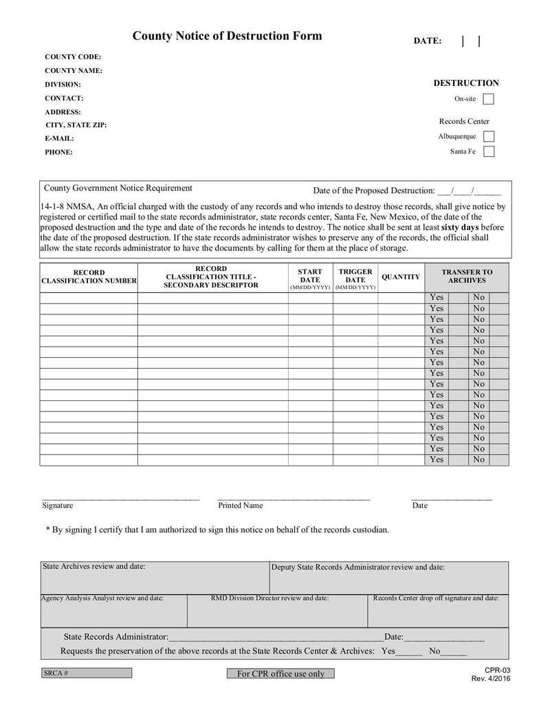 Large thumbnail of County Notice of Destruction Form - Apr 2016