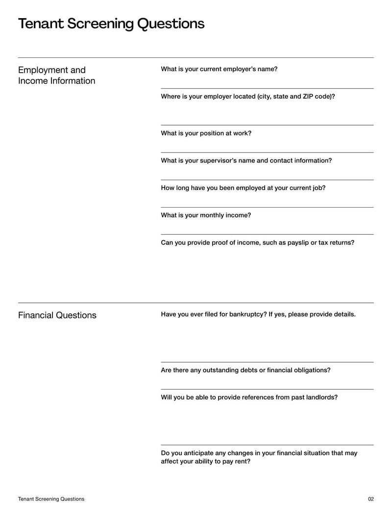 Tenant Screening Questions Template with key questions to assess a prospective tenant’s rental history, income, employment, and references