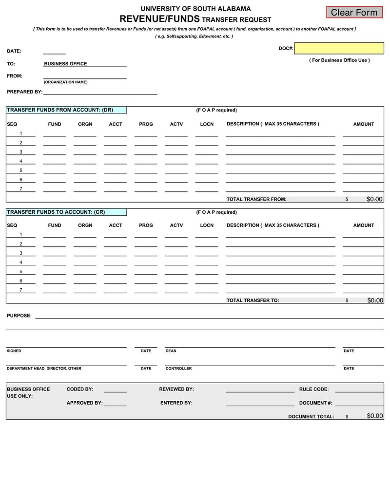 Large thumbnail of University of South Alabama Revenue/Funds Transfer Request
