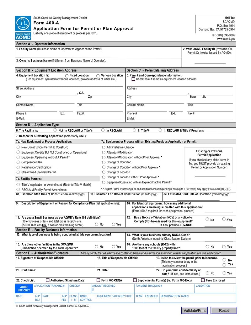 Large thumbnail of AQMD Form 400-A - Aug 2014