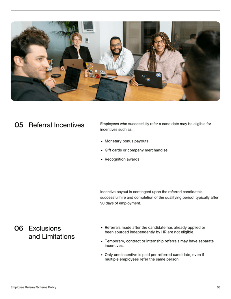 Employee Referral Scheme Policy template with sections for eligibility, referral process, incentives, exclusions and acknowledgment
