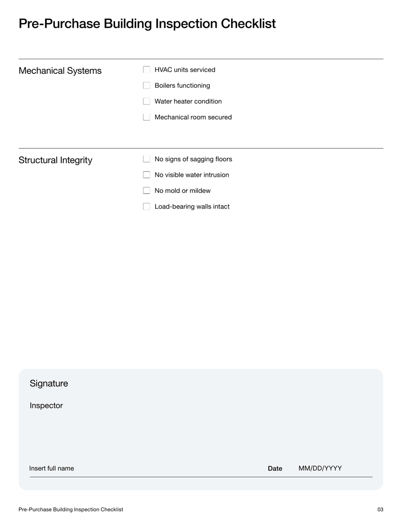 Pre-Purchase Building Inspection Checklist form with sections for exterior areas, interior inspection, mechanical systems and structural integrity