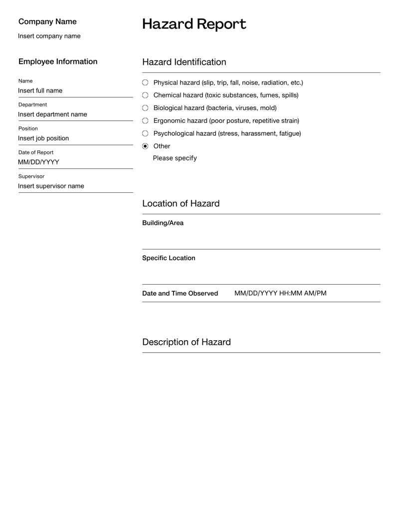 Hazard Report form for documenting workplace risks, hazard types, corrective actions and HR follow-up