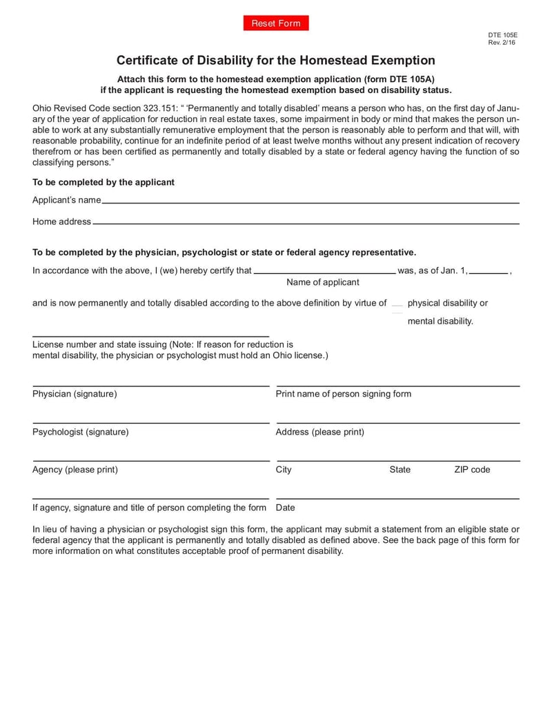 Large thumbnail of Certificate of Disability for the Homestead Exemption - Feb 2016