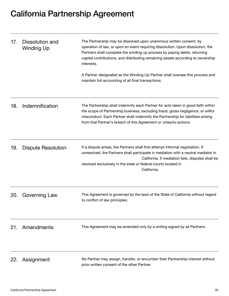 Partnership Agreement for California outlining formation, contributions, management rules and dissolution procedures