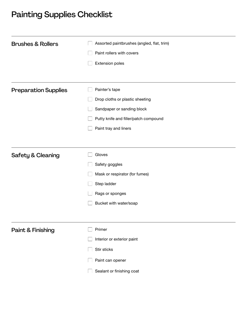 Painting Supplies Checklist grouped into brushes, preparation supplies, safety and finishing materials