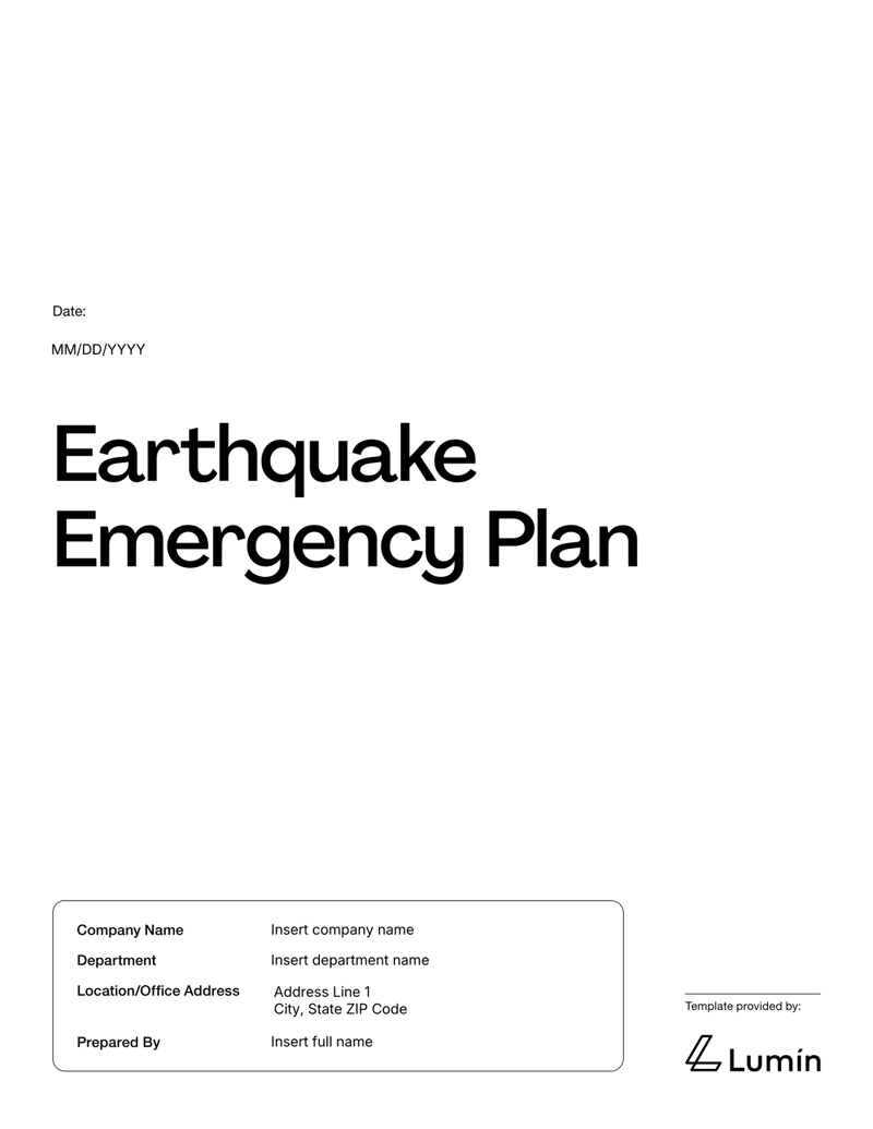 Earthquake Emergency Plan with emergency contacts, evacuation info, response protocol and acknowledgment section