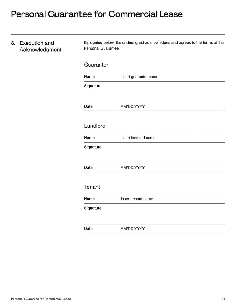 Personal Guarantee for Commercial Lease form outlining guarantor's financial responsibility