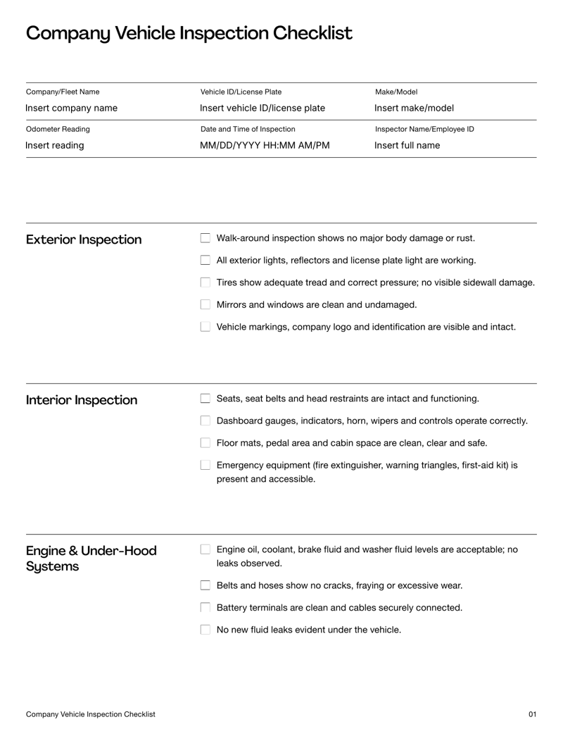 Company Vehicle Inspection Checklist form with fields for vehicle ID, inspection date, exterior, interior, engine and safety system checks and sign-off section
