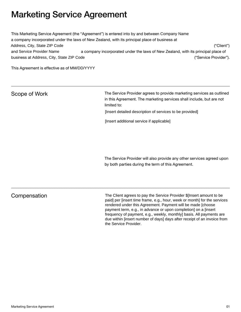 Marketing Service Agreement Template for New Zealand for detailing responsibilities in marketing partnerships