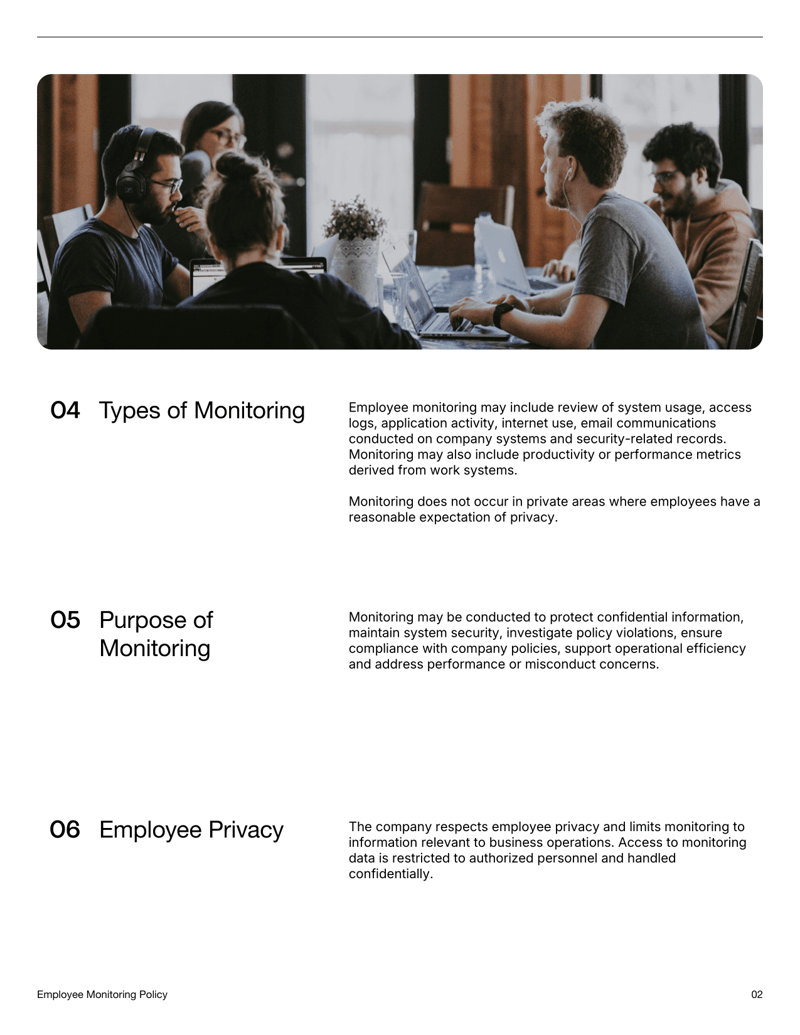 Employee Monitoring Policy outlining monitoring practices, privacy safeguards and employee acknowledgment