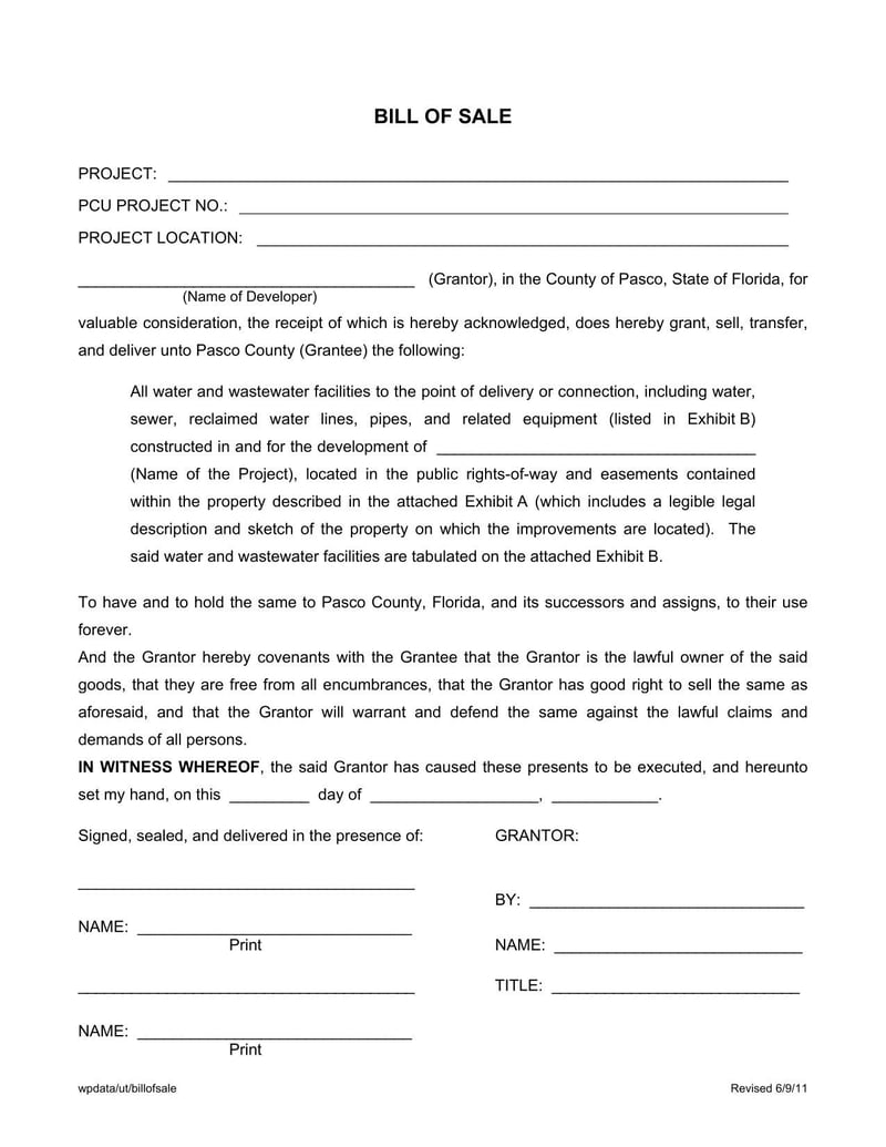 Large thumbnail of County of Pasco Water and Wastewater Facilities Bill of Sale