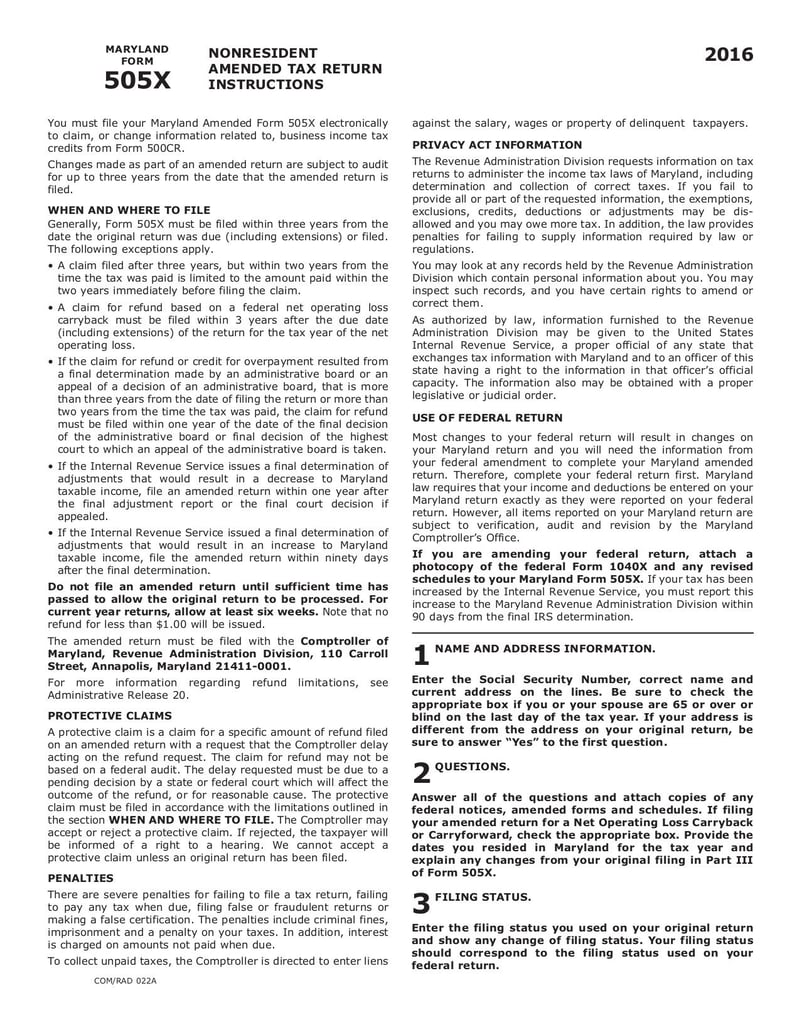 Large thumbnail of Maryland Form 505X - Sep 2017