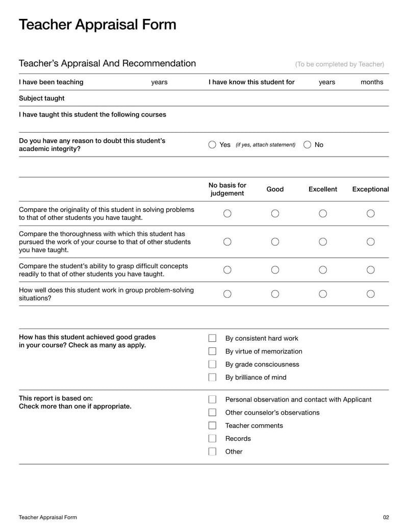 Teacher Appraisal Form for evaluating teacher performance and development