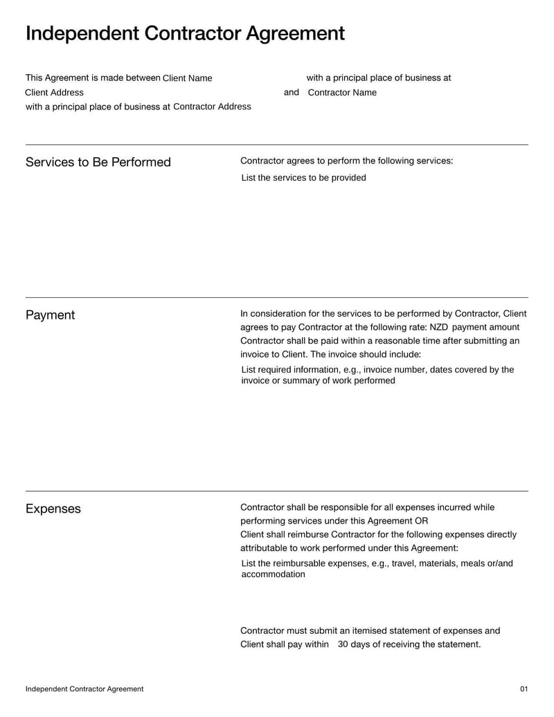 Independent Contractor Agreement Template for New Zealand for setting expectations with non-employee contractors
