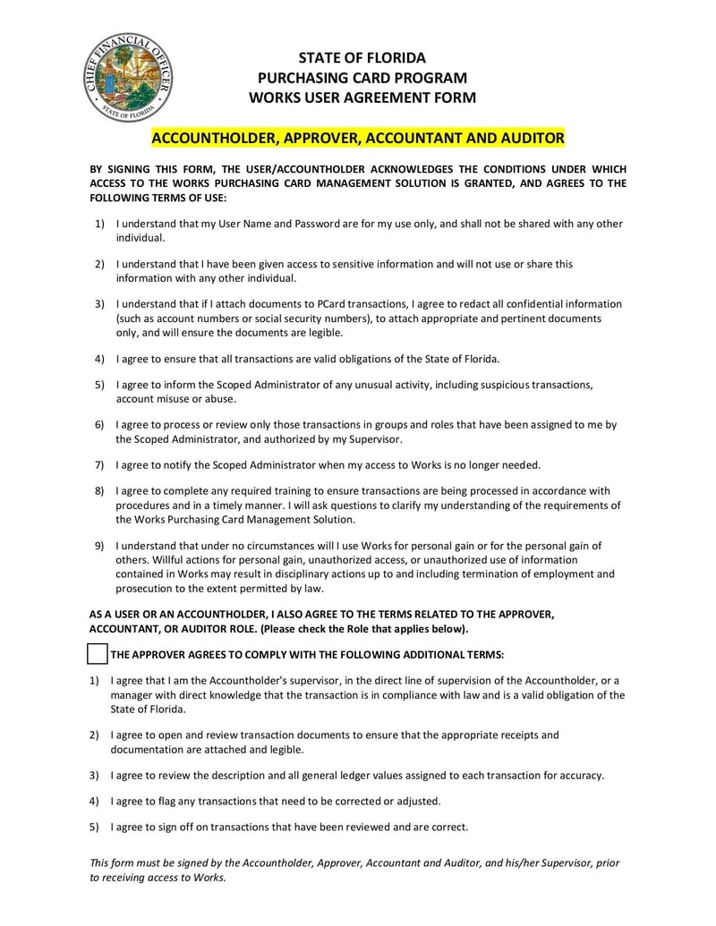 Large thumbnail of State Of Florida Purchasing Card Program Works User Agreement Form - Oct 2019