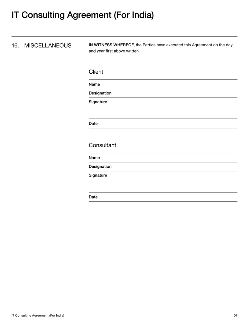 IT Consulting Services Agreement (India) outlining legal terms for IT services, data protection, and payment obligations.