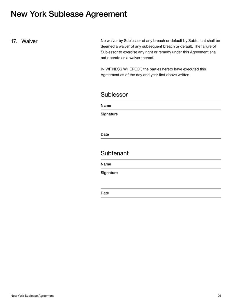 New York Sublease Agreement for subletting a rental unit in New York legally