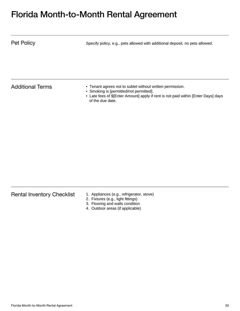 Florida Month-to-Month Rental Agreement for outlining flexible lease terms, rent payments, security deposits, and termination procedures