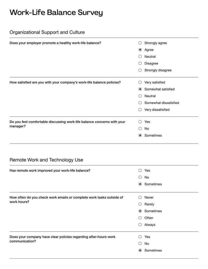 Work-Life Balance Survey Questions for evaluating how effectively employees manage work responsibilities alongside personal life