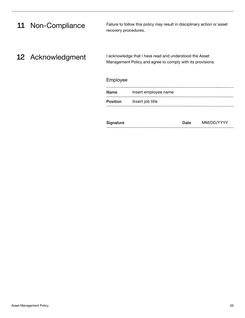 Asset Management Policy Template detailing tracking, tagging, transfers and disposal procedures