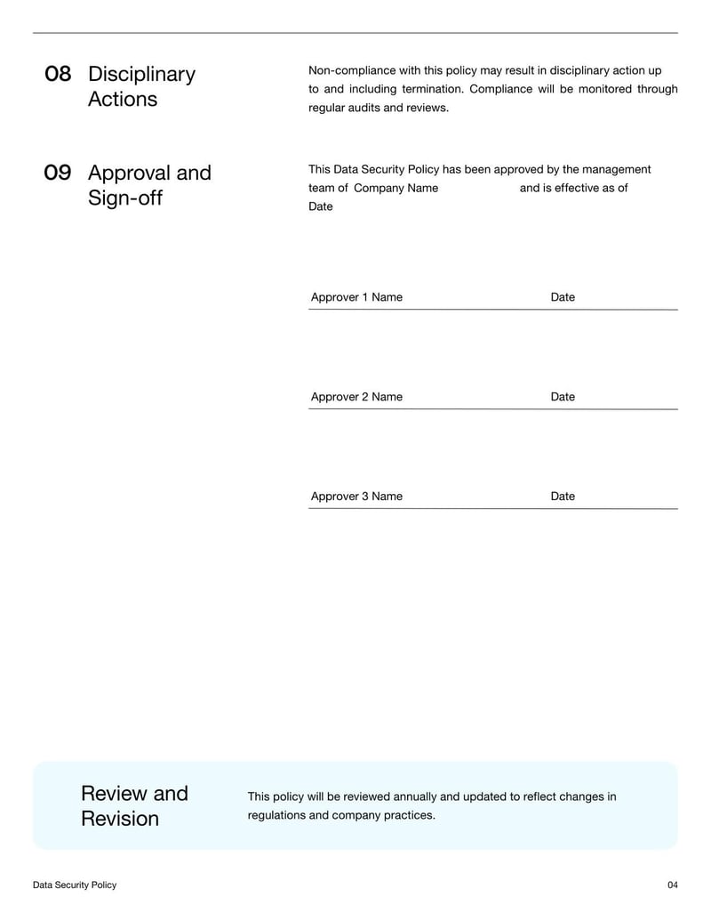 Data Security Policy Document outlining guidelines for handling sensitive company information