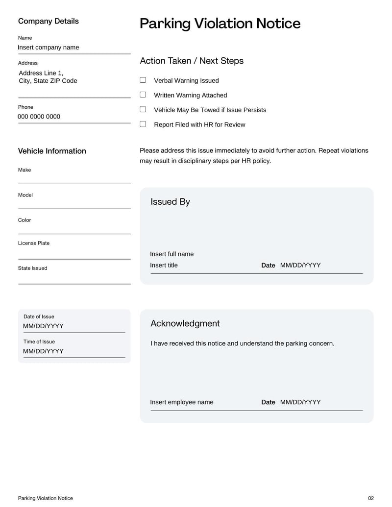 Parking Violation Notice for informing individuals of a parking rule infraction