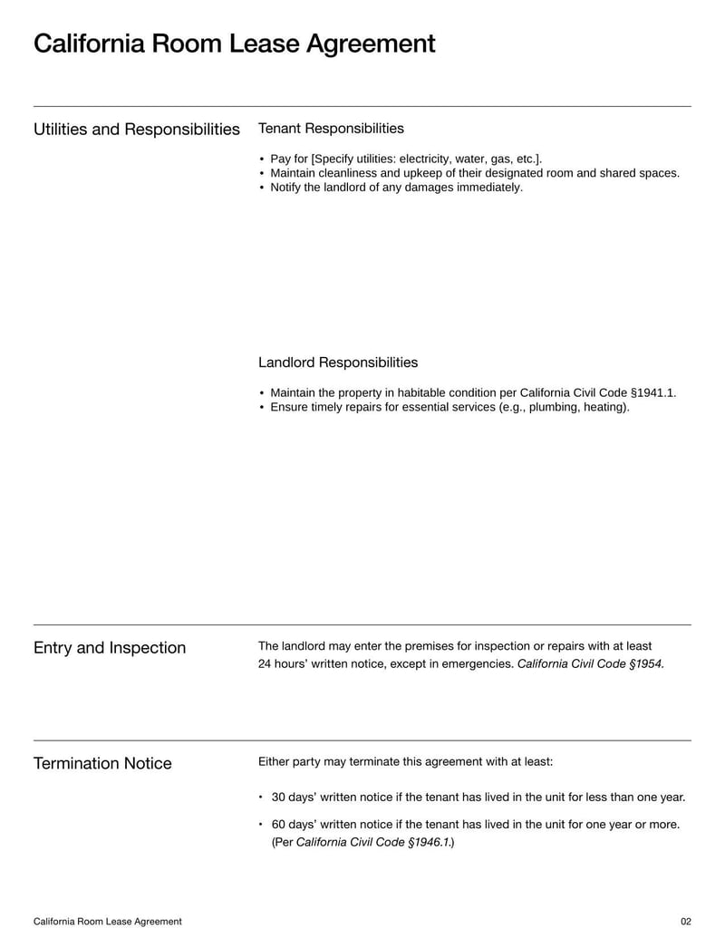 Room Lease Agreement California for specifying rental terms, tenant responsibilities, and use of a room within a residential property in California