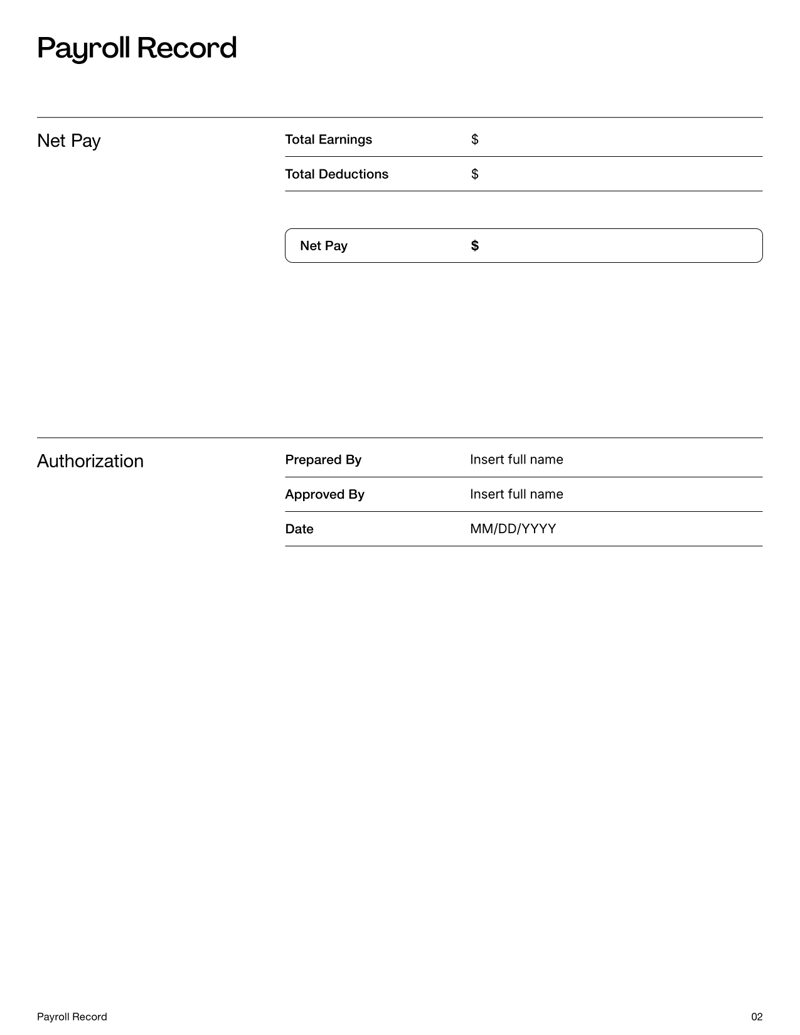 Payroll Record Template with tables for employee details, payroll period, earnings, deductions and net pay
