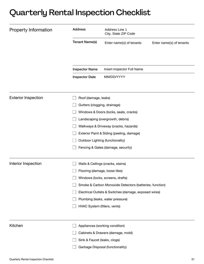 Quarterly Rental Inspection Checklist for assessing property upkeep, safety, and necessary repairs every three months