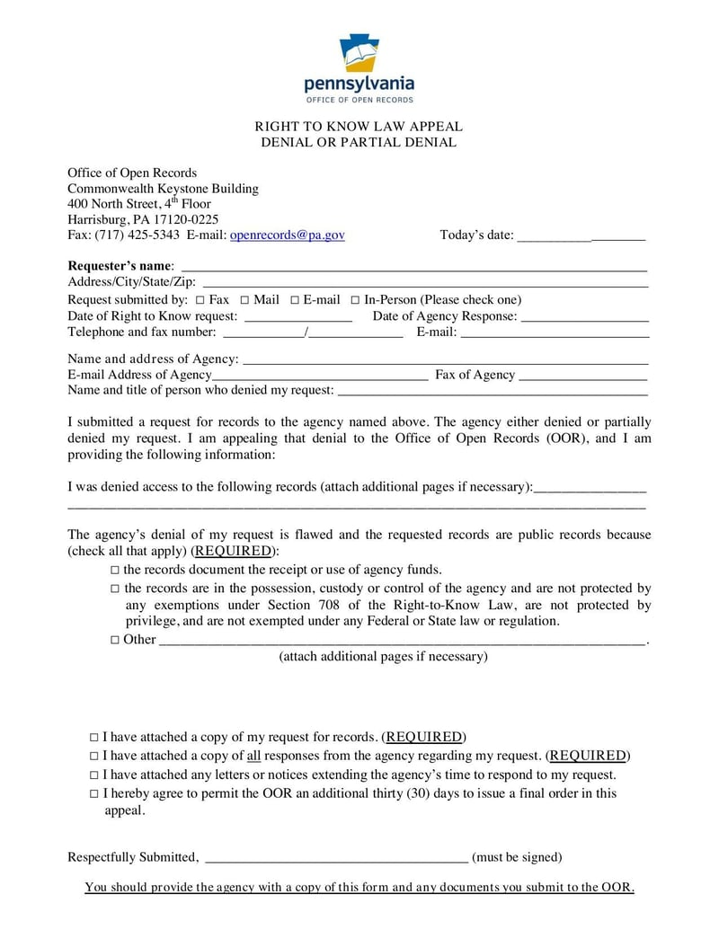 Thumbnail of Right to Know Law Appeal Denial or Partial Denial Form - Apr 2014 - page 0