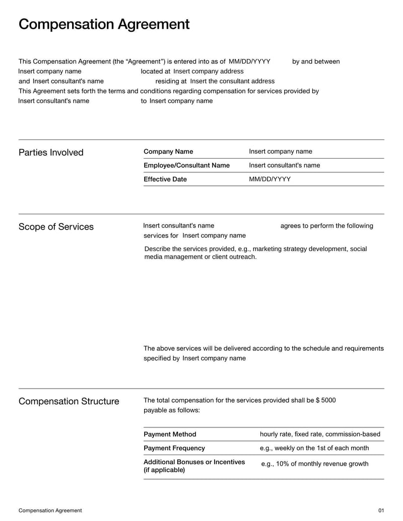 Compensation Agreement Template for setting payment terms for marketing consultants